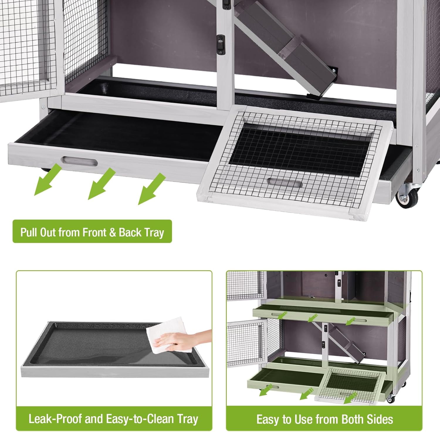 MEDEHOO Rabbit Hutch Indoor with Chew-Proof Design, Wooden Bunny Cage Outdoor Guinea Pig Cages with Wheels, Leak-Proof Trays for Rabbits, Guinea Pigs, Small Animals