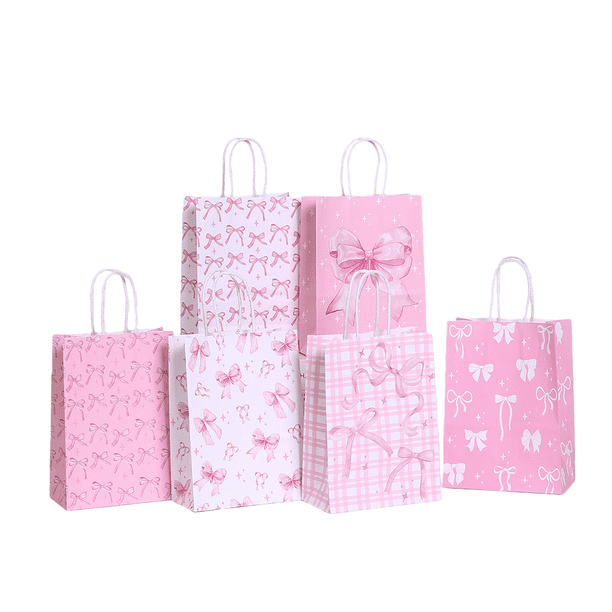 Bolsas de regalo de papel kraft con lazo rosa para cumpleaños y fiestas, 24 unidades