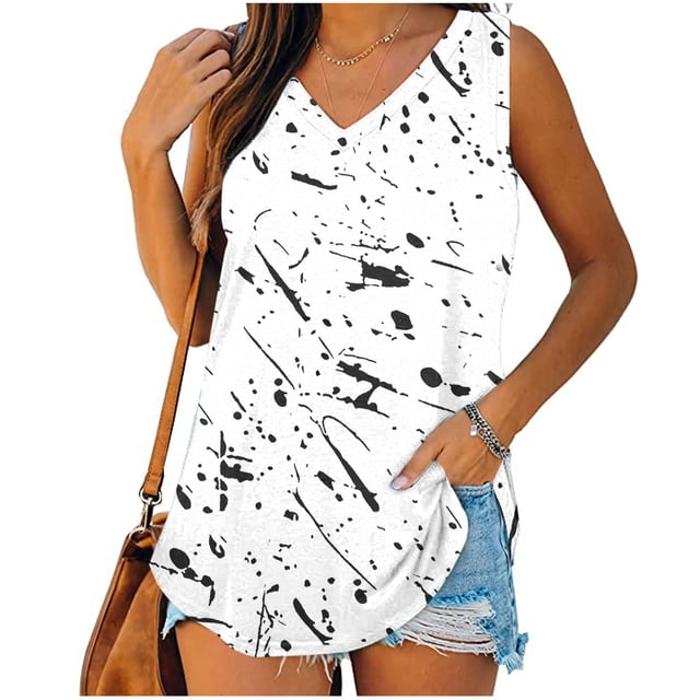 Womens Print Tank Tops V-Neck Basic Casual Flowy Summer Sleeveless T-Shirt