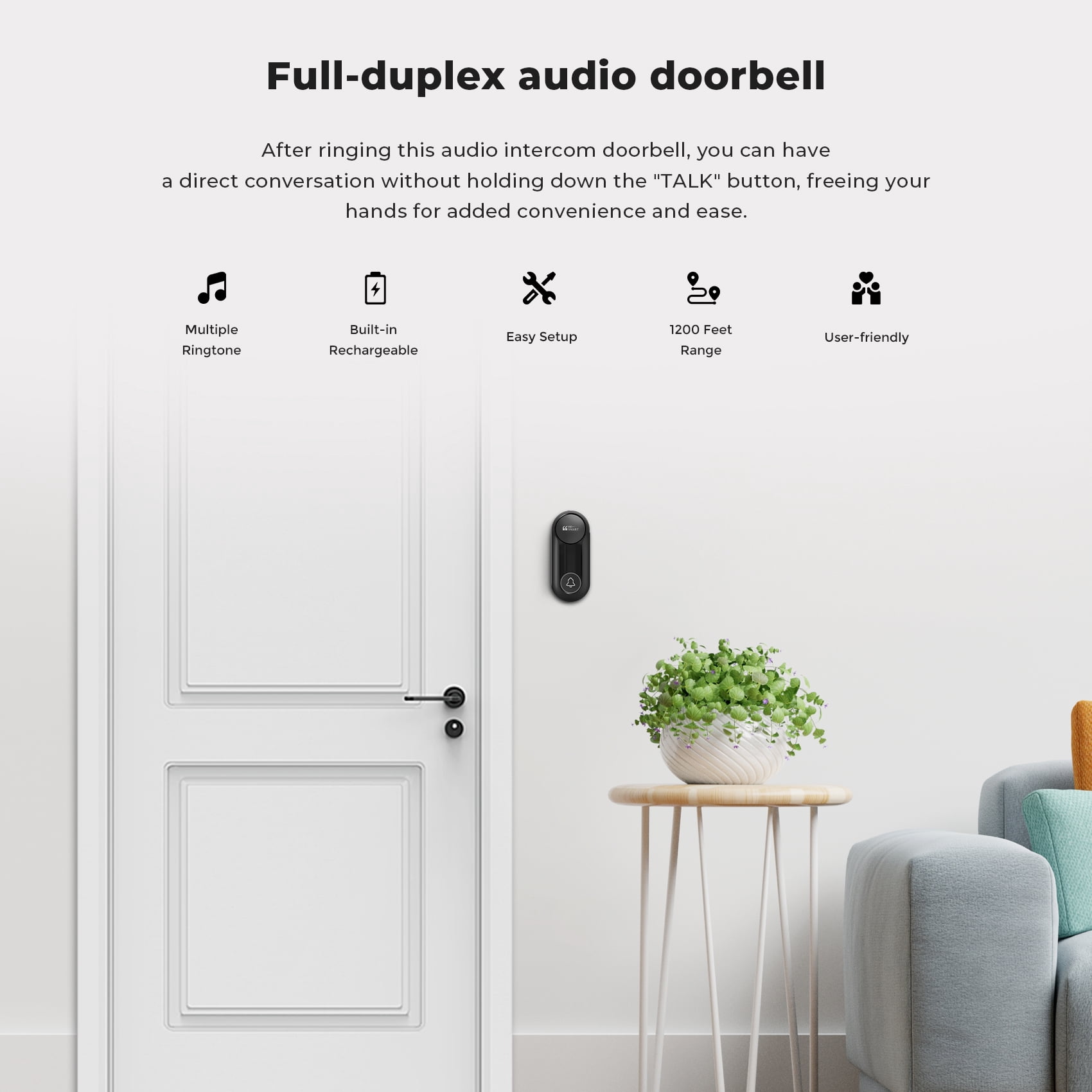 Wireless Doorbell, Hosmart Ultra Bell Wireless Intercom Doorbell System, Battery Operated Door Bell, Full Duplex Audio Doorbell Waterproof with 8 Doorbell Chime 1200Ft Range for Home Business