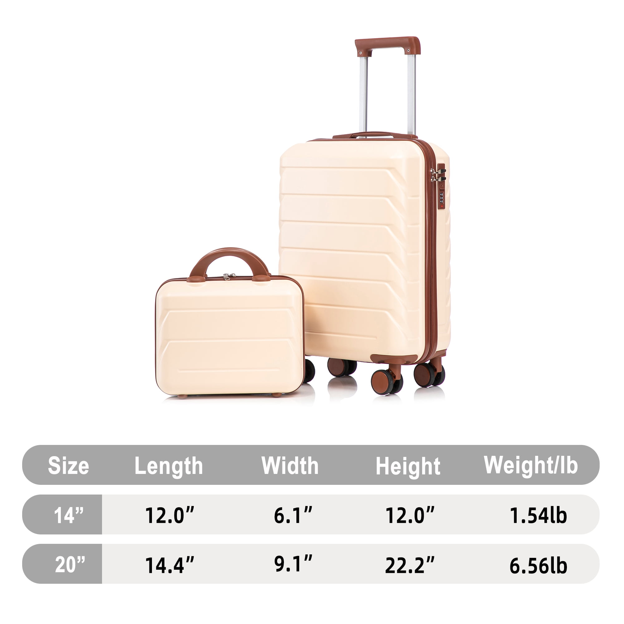 Alvantor 2 Pcs Luggage Set with Combination Lock, 20" ABS Spinner Suitcase & 14" Cosmetic Case, Beige