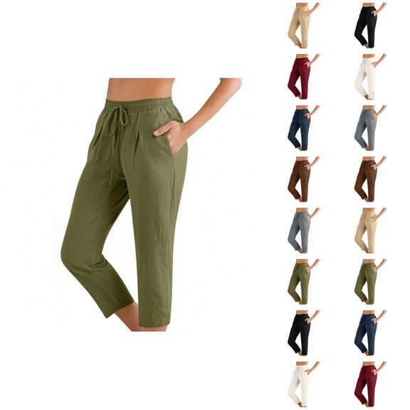 Capri Pants for Women Cotton Linen Summer Casual Elastic Waist Drawstring Straight Leg Cropped Trouser with Pockets