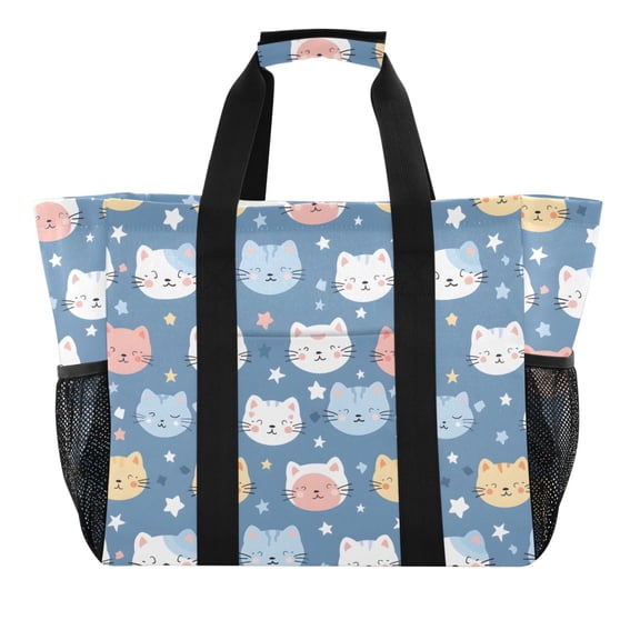 Cute Cats Face Reusable Grocery Bags with Handle Side Pocket Waterproof Shopping Portable Tote