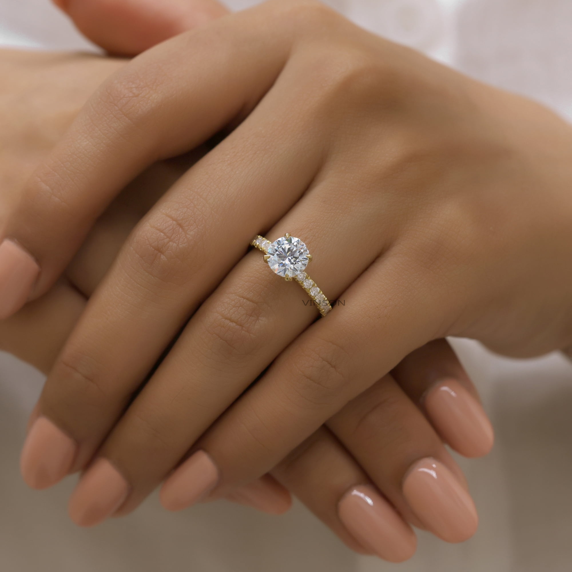 VINSON 2 Ct Round Moissanite Engagement Ring - Hidden Halo Diamond Ring - Wedding Gift Ring for Women