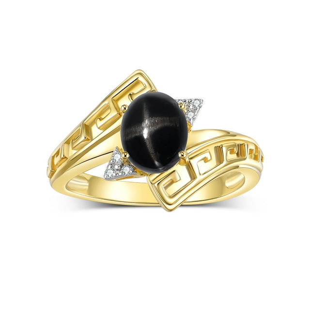 RYLOS Rings for Women 14K Gold Plated Silver Greek Key Designer Ring 9X7MM Gemstone & Diamond Ring March Black Star Sapphire Jewelry Size 6
