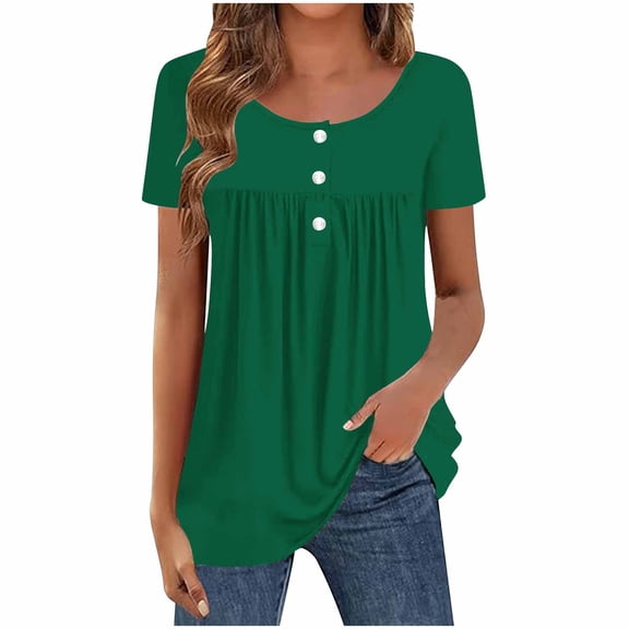 Turilly Women's Solid Pleated Button-Front Tunic Tops Fashion Ladies Short Sleeve Round Neck Pleated Casual Spring And Summer Henley Top