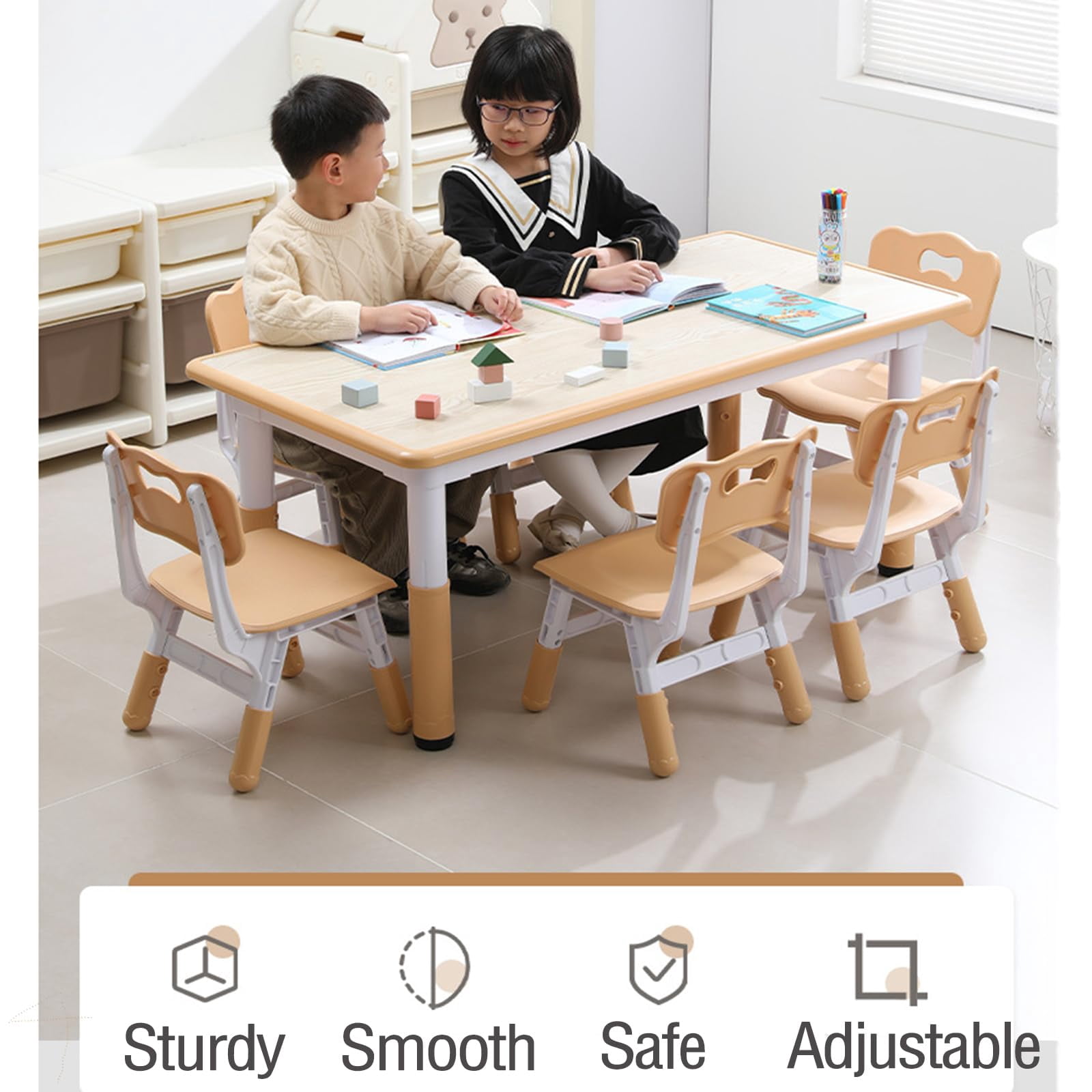 Kids Table and Chairs Set, Height Adjustable Desk With 6 Seats for Ages 2-10,Arts & Crafts Table,Graffiti Desktop, Non-Slip Legs, Max 300lbs, Children Multi-Activity Table