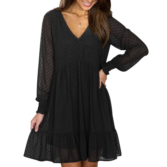 TEMOFON Women's Swiss Dot Dress Long Sleeves Short Mini Dress V Neck Flowy Casual Loose Fit Babydoll Dress Black