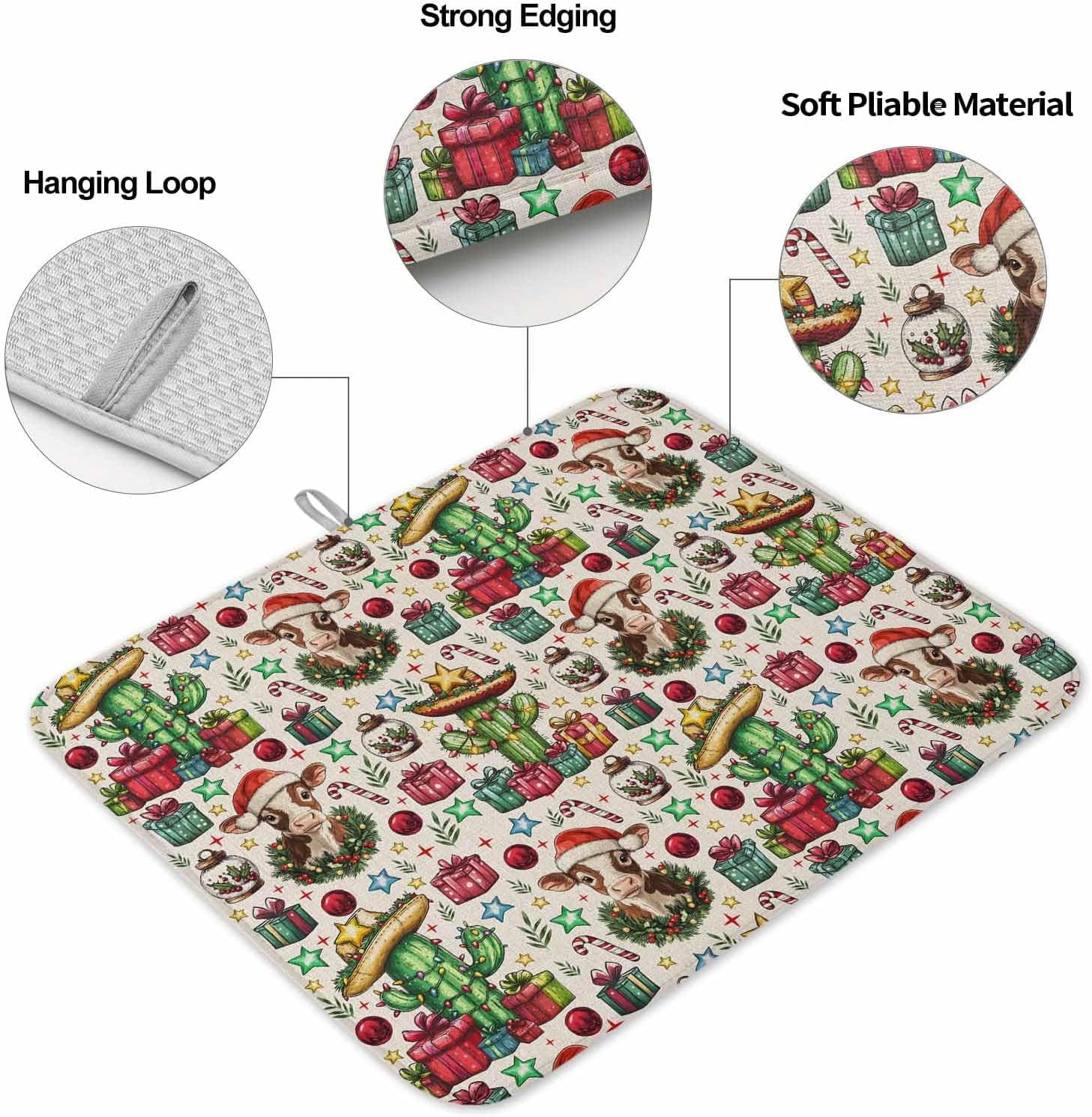 Christmas Dish Drying Mat for Kitchen Counter, Western Cow Cactus Xmas Balls Botanical Rustic Baby Bottle Microfiber Drying Pad, Absorbent Coffee Cup Dishes Drainer Mats 16"x18", 2 Pcs