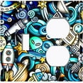 thumbnail image 2 of Metal Light Switch Wall Plate Outlet Cover (Spaceship UFO Astronaut Rocket Outerspace Star Alein Teal- Single Toggle Single Duplex), 2 of 2