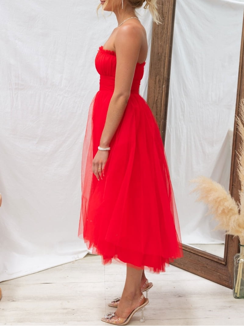 Arvbitana Women Strapless Midi Dress Solid Color Sleeveless Layered Mesh  Tulle Flowy Dress Backless Tube Party Dress for Cocktail Streetwear -  Walmart.com