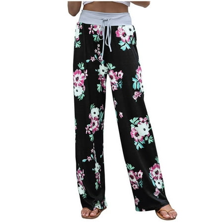 

XFLWAM Women s Comfy Casual Pajama Pants Floral Print Drawstring Palazzo Lounge Pants Wide Leg Trousers Black S