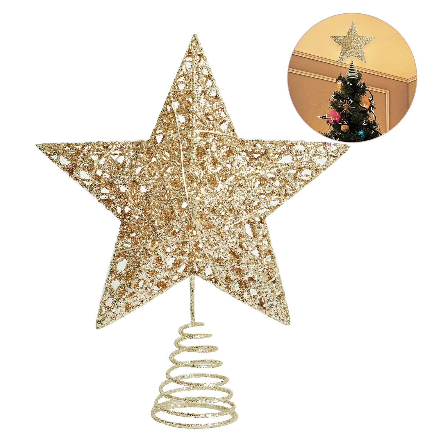 Aoriher 10 Inch Glittered Christmas Tree Topper Hollow Christmas Star Treetop for Christmas Ornaments and Holiday Seasonal Decor Gold