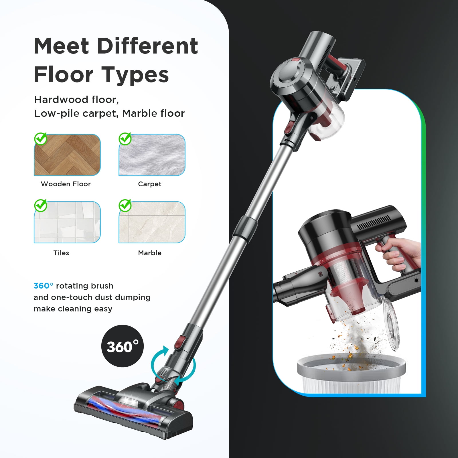 KANFUAQ Cordless Vacuum Cleaner, 38KPA/450W 50Min 2500mAh Stick Vacuum for Home Pet Hair Carpet Hardwood Floor
