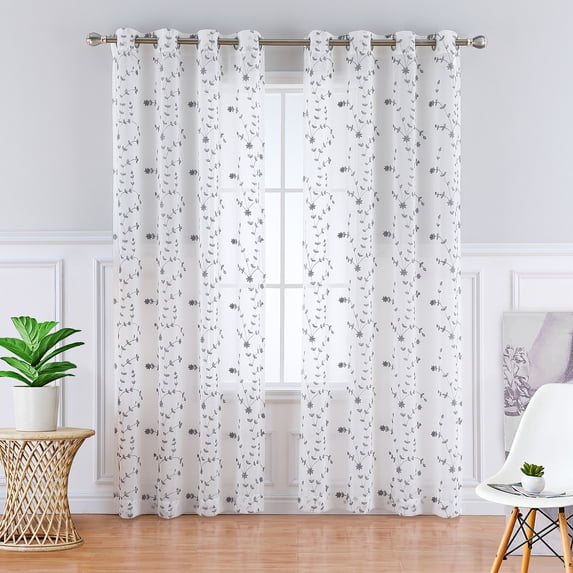Lunsy 2 Panels Semi Sheer Curtains, Leaf Embroidered Grommet Voile Drapes for Living Room, Bedroom, Window Treatments Curtain grey 52"x54"