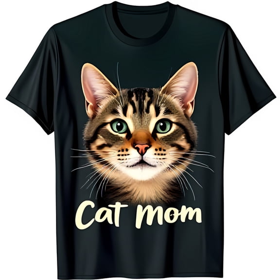 Adorable Black T-Shirt with Cute Tabby Cat Face & Cat Mom Print