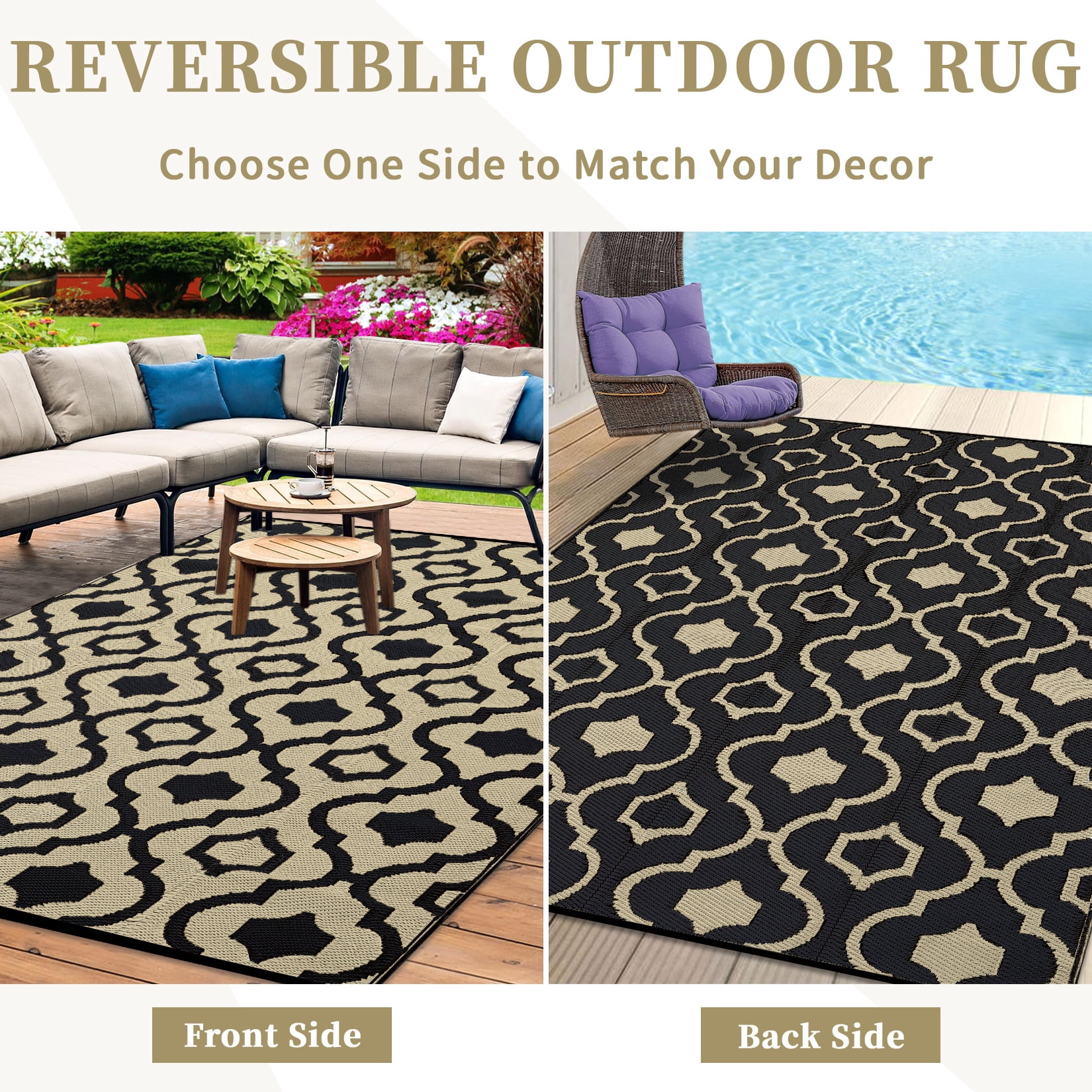 GlowSol 9'x12' Outdoor Rug Moroccan Style Plastic Straw Rug Waterproof Reversible Mat Outdoor Foldable Rug for Camping Patio Picnic, Black Coffee