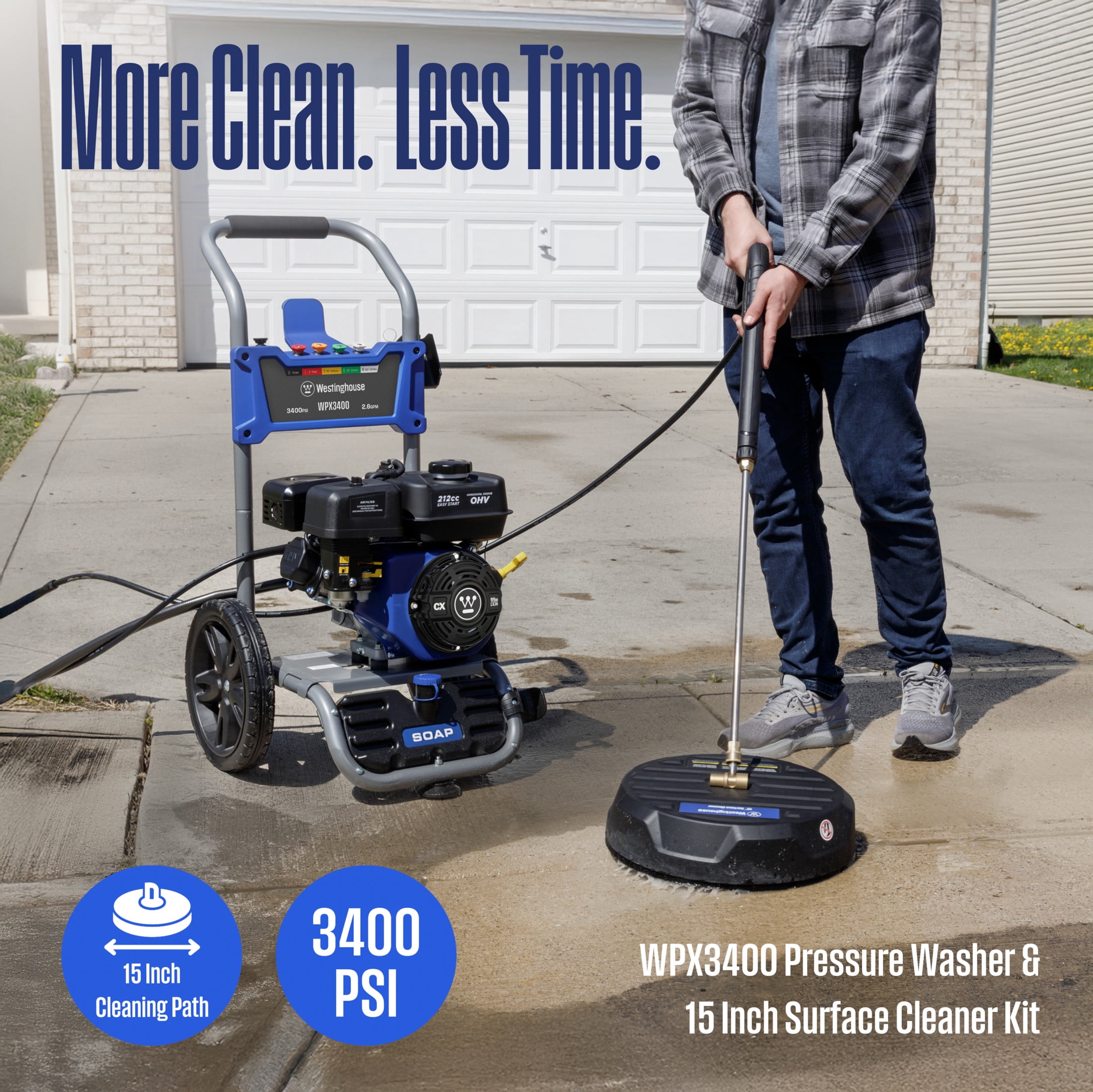 Westinghouse WPX3400SC Gas Pressure Washer with 15-in Surface Cleaner, 3400 PSI and 2.6 Max GPM, Onboard Soap Tank, Spray Gun and Wand, 5 Nozzle Set, for Cars/Fences/Driveways/Homes/Patios/Furniture