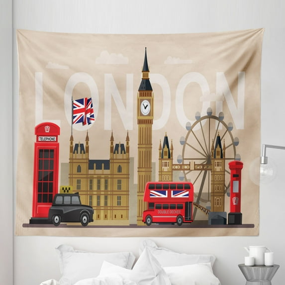 London Tapestry, Famous Britain Landmarks Monuments Art Pattern Touristic Travel Destination, Fabric Wall Hanging Decor for Bedroom Living Room Dorm, 5 Sizes, Multicolor, by Ambesonne
