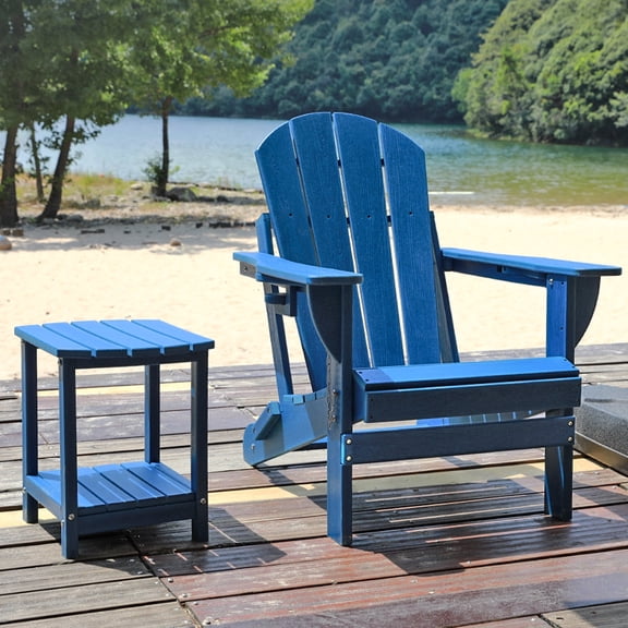 ENYLAY Folding Adirondack Chair Set with Side Table - HDPE Outdoor Patio Chairs, Weatherproof Chair with Reclining Back, and 2-Tier Storage End Table for Firepit or Garden (Blue,1 Chair&1 Table)