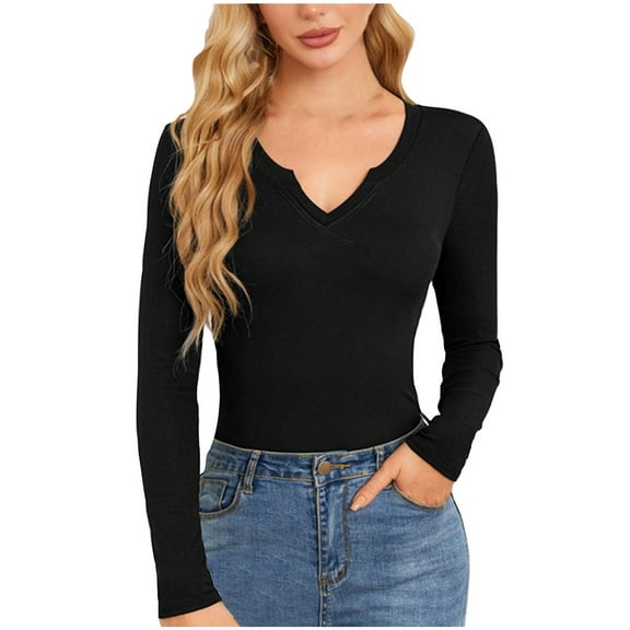 Oplxuo Women's Sexy Low Cut Ribbed Knit Shirts - 2024 Fall Winter Slim Fit V Neck Long Sleeve Pullover Casual Sweaters