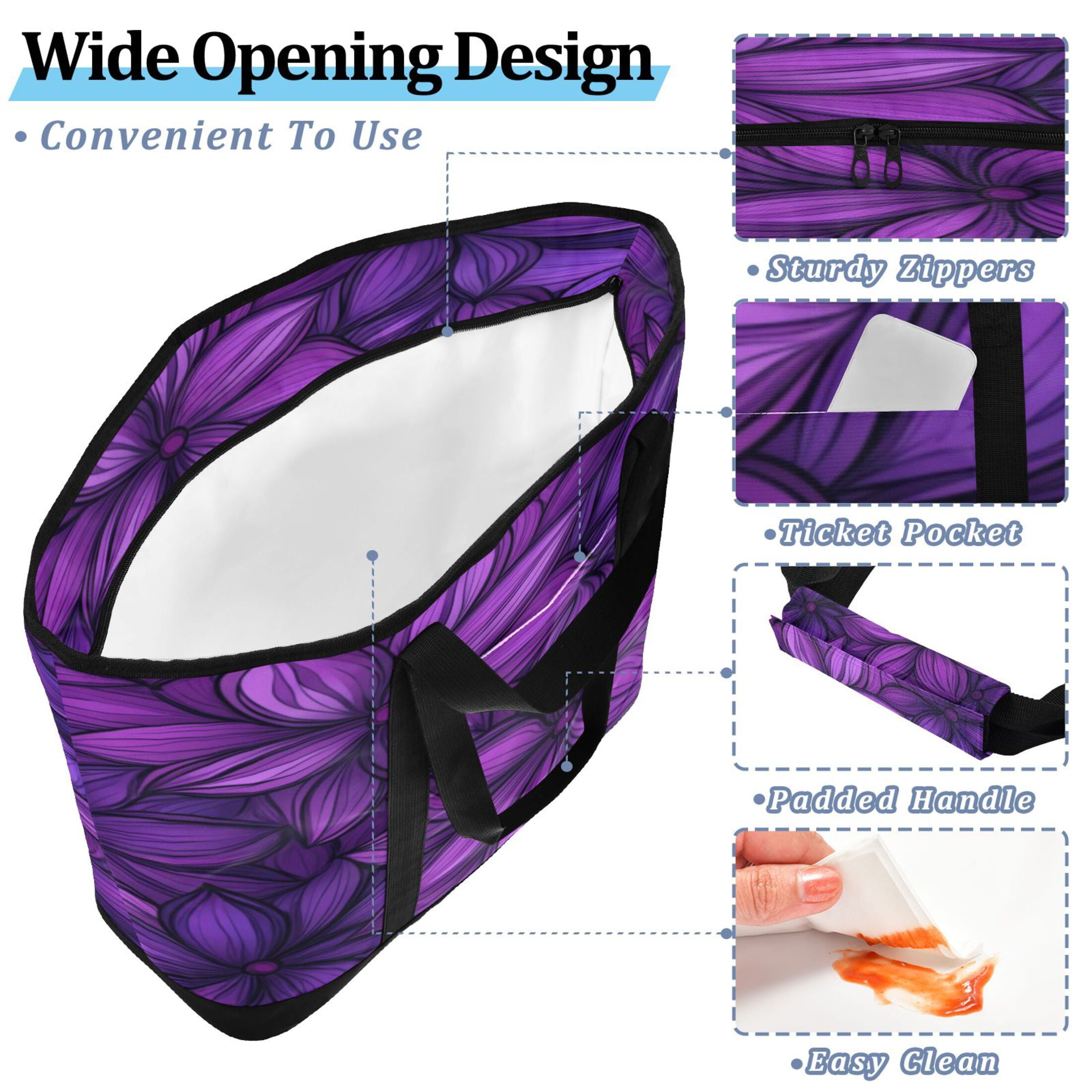 Large Hand-held Ice Pack Picnic Bag Insulation and Refrigeration Suitable for Shopping Picnics and Camping Large Purple Flower Pattern