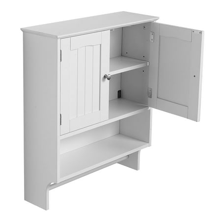 KFFKFF Bathroom Wall Cabinet with 2 Doors and Adjustable Shelf, Wall-Mounted Storage Organizer with Open Compartment and Towel Bar for Bathroom, Laundry Room, or Kitchen, White