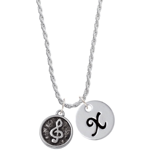 Delight Jewelry Silvertone Antiqued Round Seal - Clef Silvertone Script Initial Disc - X - Charm Necklace, 20"+3"
