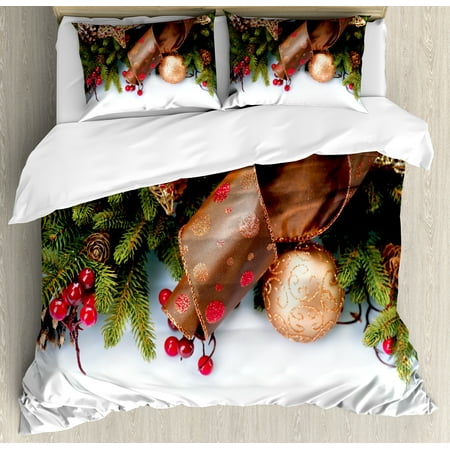 Pine Cone Bedding Collection Christmas King Size Duvet Cover Set, Pine Cones with Garland Tree Topper Star Mistletoe and Swirled Ornate Elements, Decorative 3 Piece Bedding Set with 2 Pillow Shams, Multicolor, by Ambesonne ()