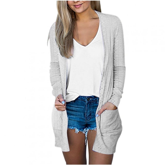 Timegard Cardigan for Women Eyelets Lightweight Open Front Long Sleeve Outwear Beach Cover Ups with Pockets