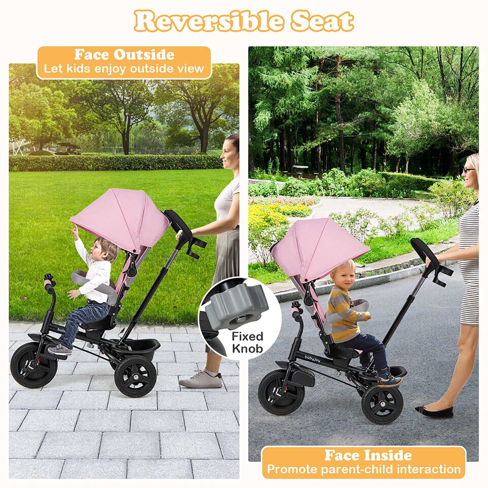 Gymax 4-in-1 Baby Tricycle Toddler Trike w/ Reversible Seat Canopy & Push Handle Pink