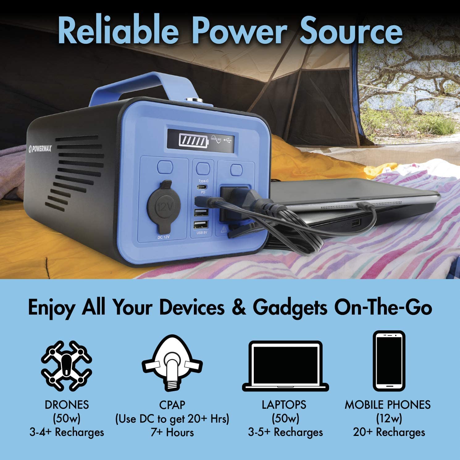 Powermax 200W Push Button Start Power Station, USB Ports