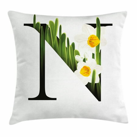 Black Narcissus Letter N Throw Pillow Cushion Cover, Summer Garden Flowers and Abstract Font Black N Letter with Narcissus, Decorative Square Accent Pillow Case, 18 X 18 Inches, Marigold Green Black, by Ambesonne ()