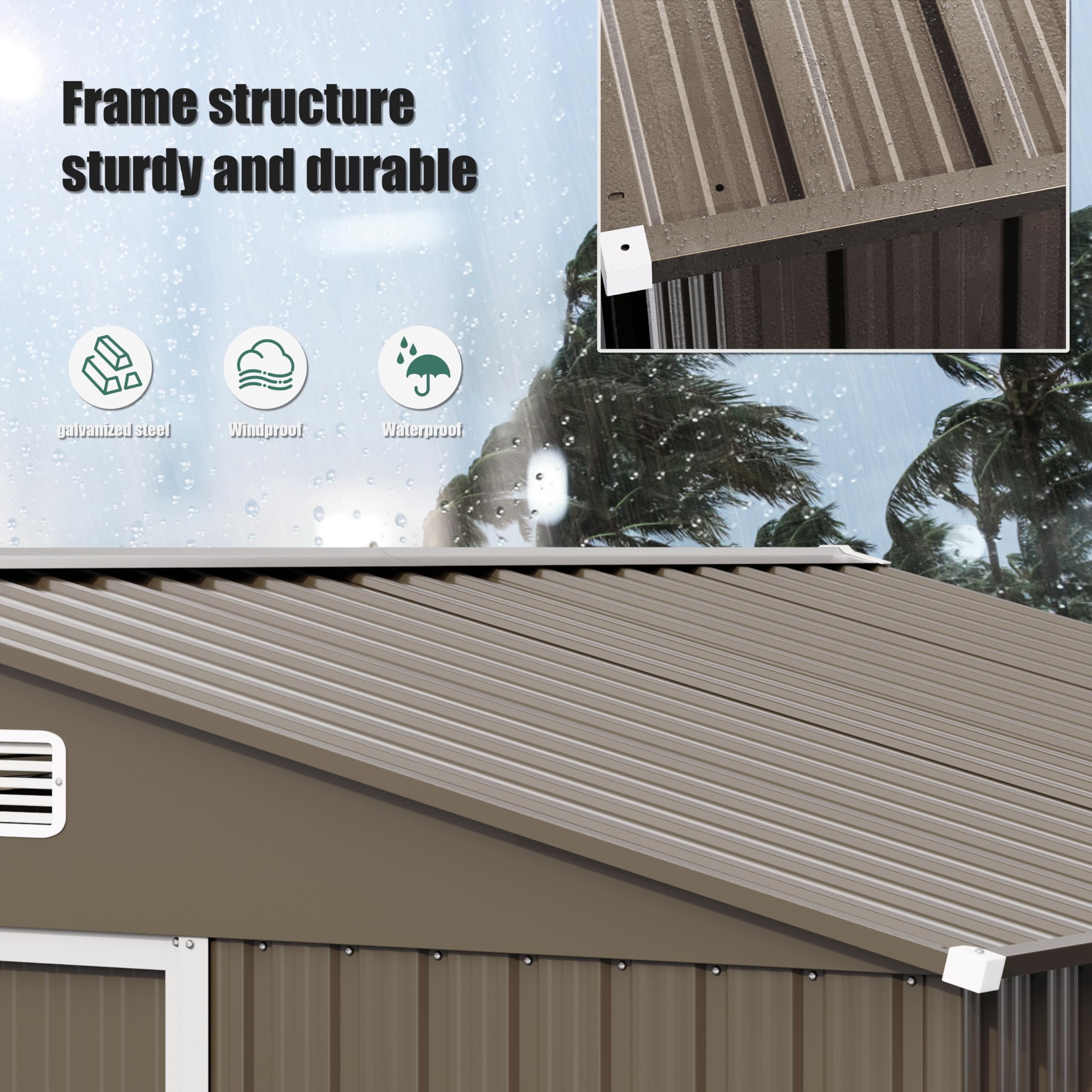 ALAULM 8x6 ft Outdoor Steel Storage Shed with Lockable Sliding Door, Waterproof Metal Tool Shed for Garden, Brown