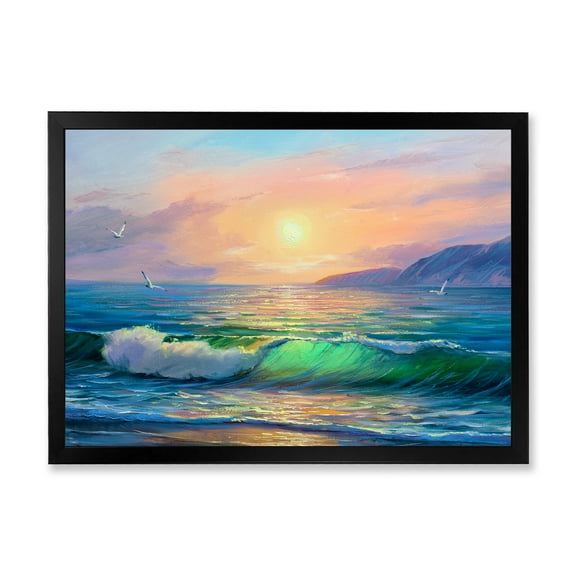 Designart 'Blue Waves Breaking At The Beach Landscape V' Nautical & Coastal Framed Art Print