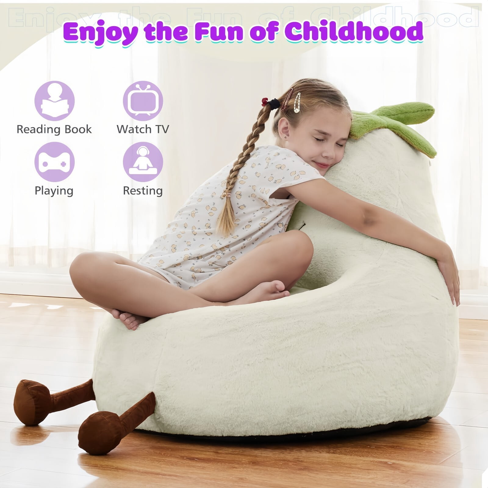 Kelno 31" Kids Bean Bag Chair Faux Rabbit Fur Lazy Chair Toddler Couch, Beige