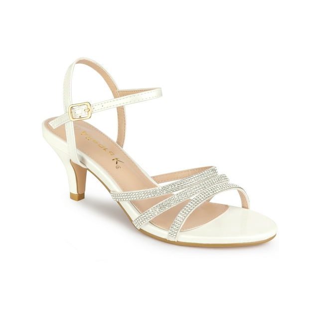 BLISSFUL STEP Chaussures pour Femmes Sandales à Talon Kitten à Bout Ouvert en PU avec Bride à la Cheville Ornée de Strass Blanc 8