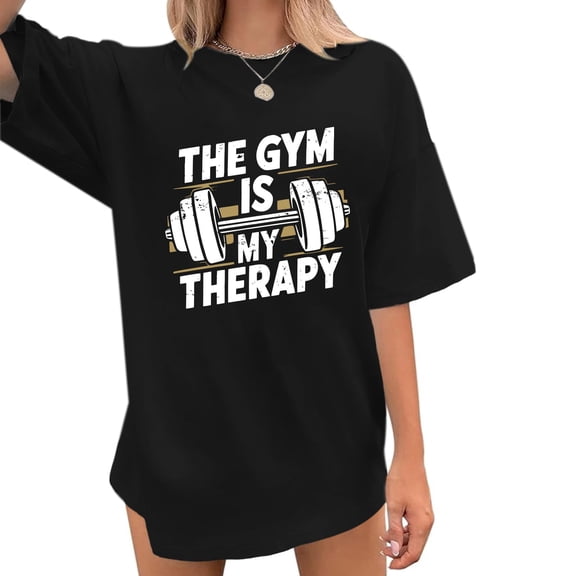 Funny Oversized Barbell Graphic T-Shirt for Women - Gym is My Therapy Workout Tee