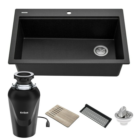 Kraus Bellucci Workstation 33 in. Drop-In Granite Composite Single Bowl Kitchen Sink in Metallic Black with Accessories with Waste Guard Continuous Feed Garbage Disposal