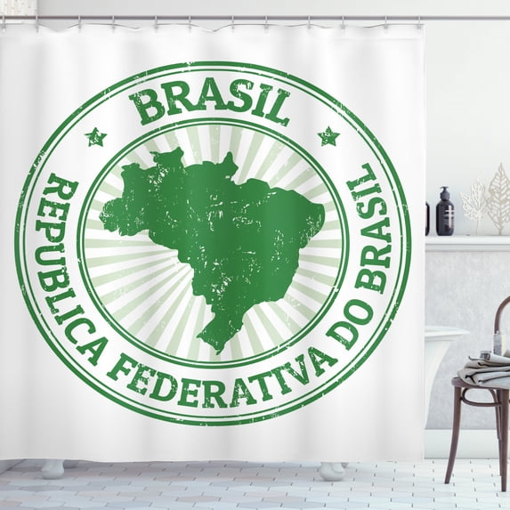 Grunge Rubber Stamp with the Name Brasil Map Forest Green Atlas Shower Curtain