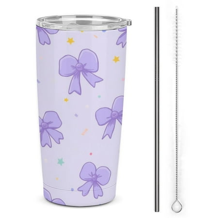 

Purple Bow And Stars Pattern Tumbler Print 20oz Stainless Steel Coffee Cup with Lid & Straw Double Wall Insulated Tumbler