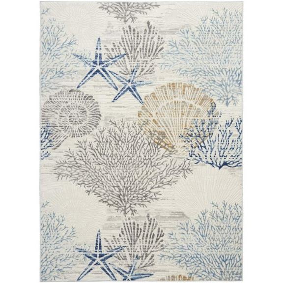 Nourison Pompeii Ivory Grey Blue 5'3" x 7'3" Area Rug, Coastal, Beach, Nautical, Bed Room, Living Room, Dining Room, Kitchen, Easy Cleaning, Non Shedding,