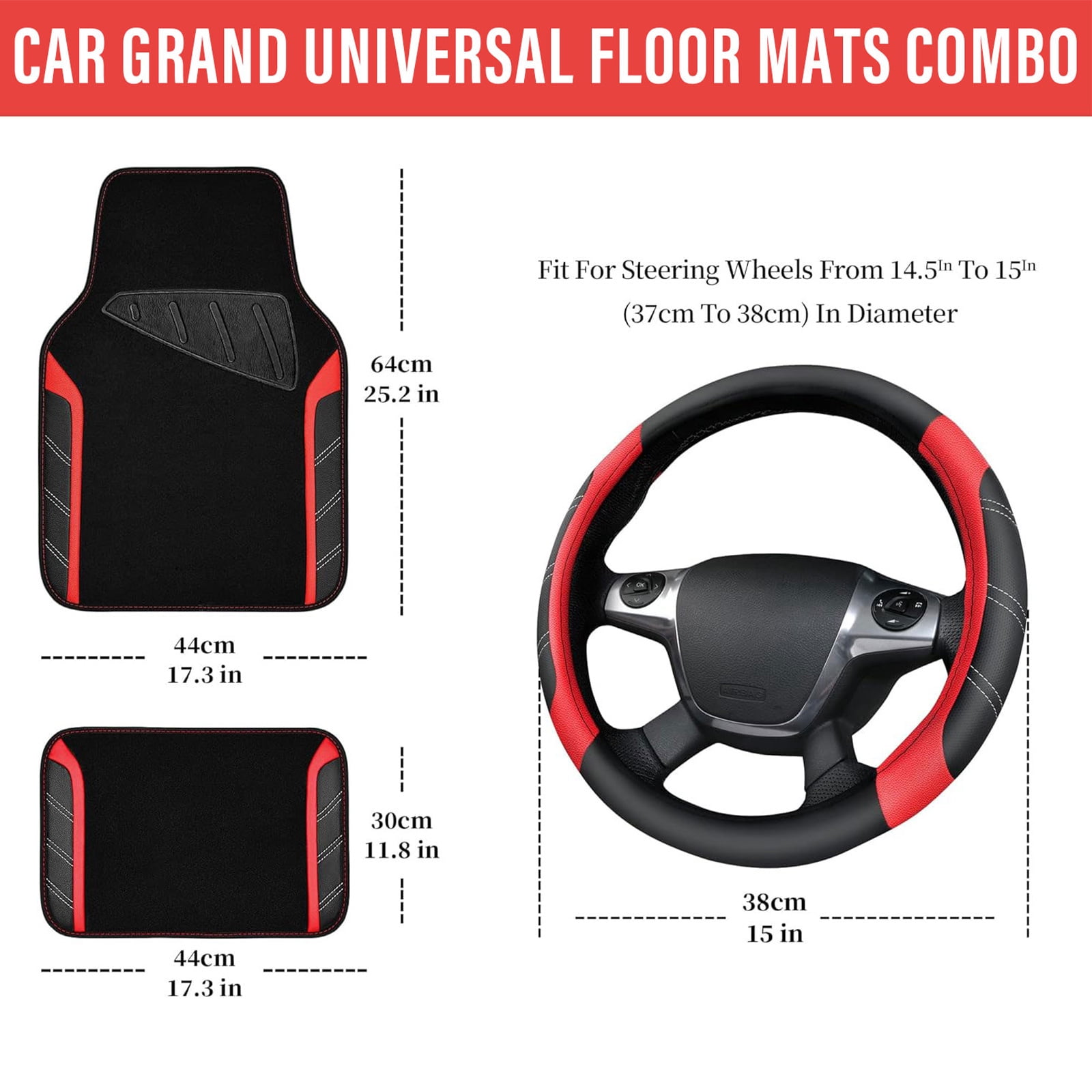 CAR GRAND Leather Steering Wheel Cover and Waterproof Carpet Car Floor Mats,Universal Fit Combo Pack Sedan,SUV,Cars, 14.5" to 15" Sporty Anti-Slip Red