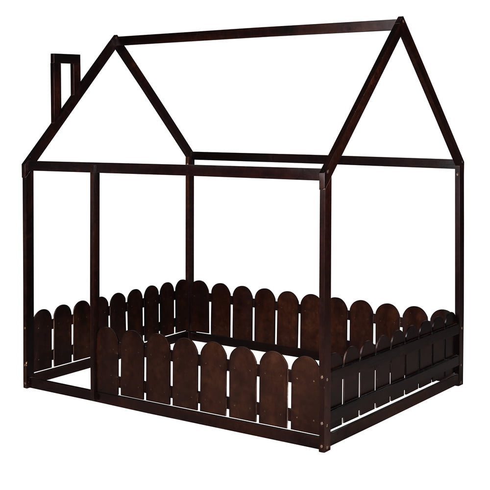 Buy Full Size House Bed, Solid Wood House Bed Frame with Roof and Fence
