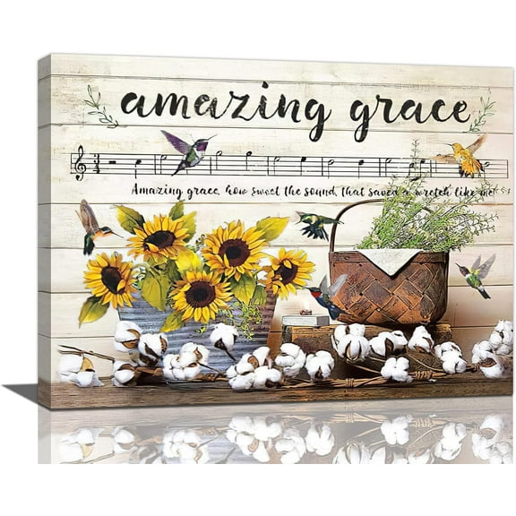 Kitchen Sunflower Wall Art Farmhouse Hummingbird Kapok Amazing Grace Pictures Wall Decor Canvas Painting Print Artwork Modern Home Decor Framed for Living room Bedroom Bathroom 16"×12"