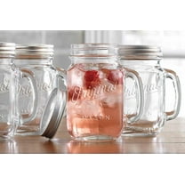 Mason Jar Pint Sized Cup Set 16 Oz with Tin Lids, 4 Pack Glass Mugs for Parties Picnics Barbecues, Clear
