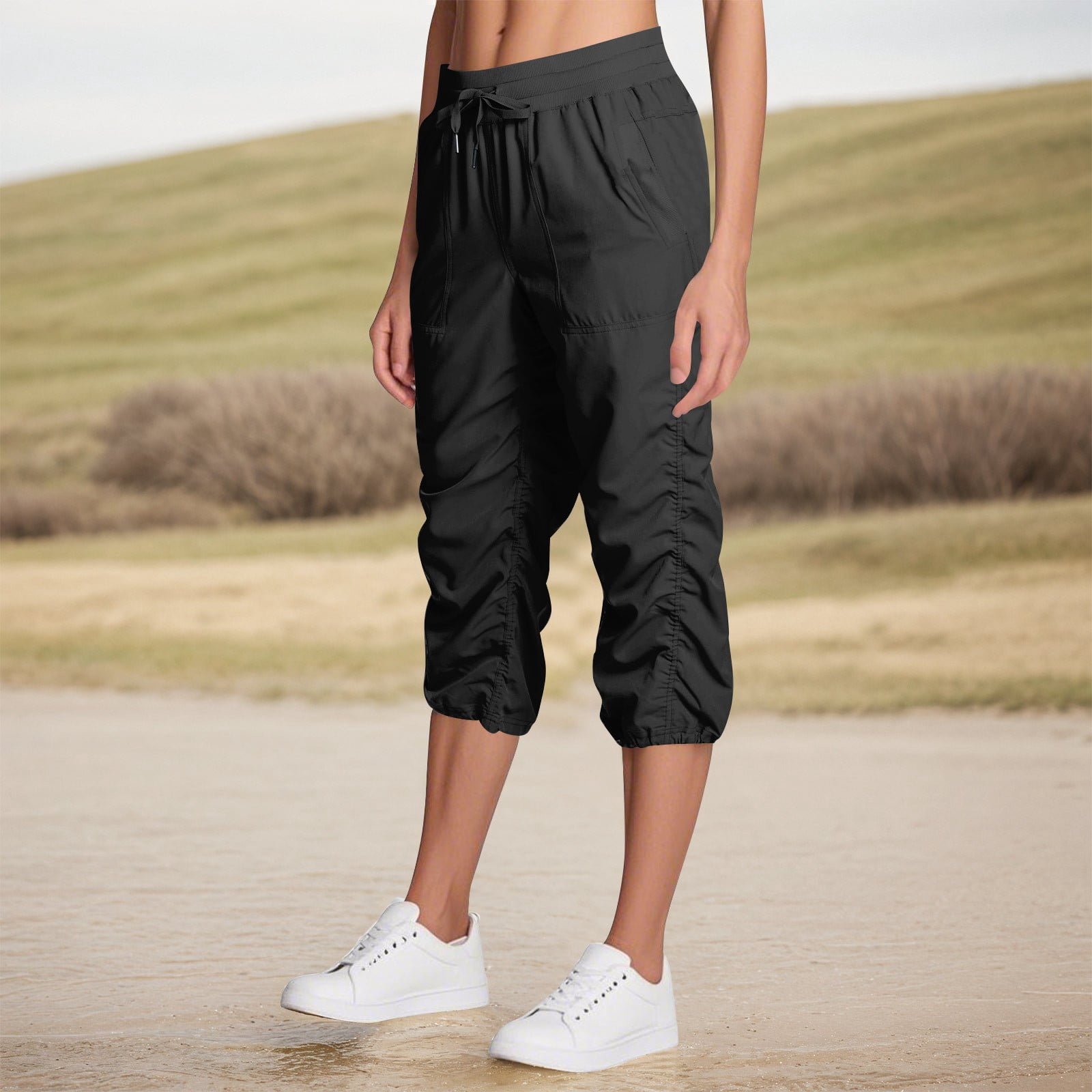 Capris d'Été pour Femmes à Enfiler avec Cordon de Serrage Séchage Rapide Pantalons Cargo Réglables Bas Resserrés Légers Taille Élastique Pantalons Amples avec Poches Noir TTG