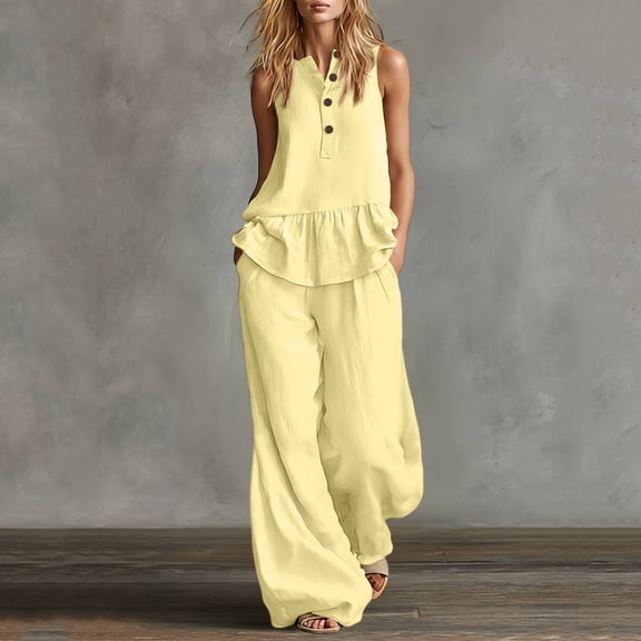 Chbgutlmr 2 Piece Sets for Women Summer Sleeveless Notch Neck Ruffled Hem Half Button Tank Tops Straight Leg Pants Casual Loose Dressy Outfits