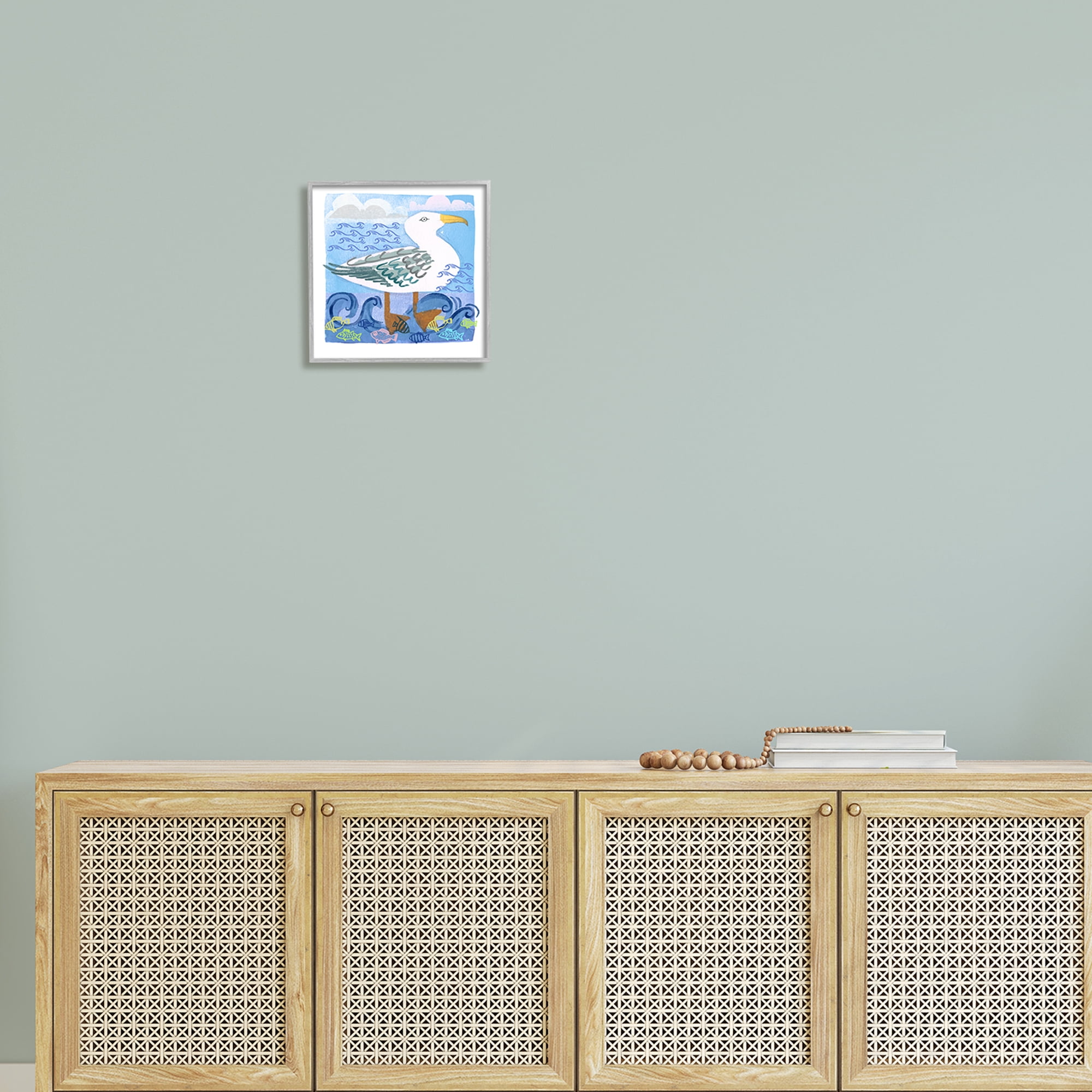 Stupell Industries Whimsical Seagull Bird Layered Ocean Waves Painting Graphic Art Gray Framed Art Print Wall Art, Design by unknown