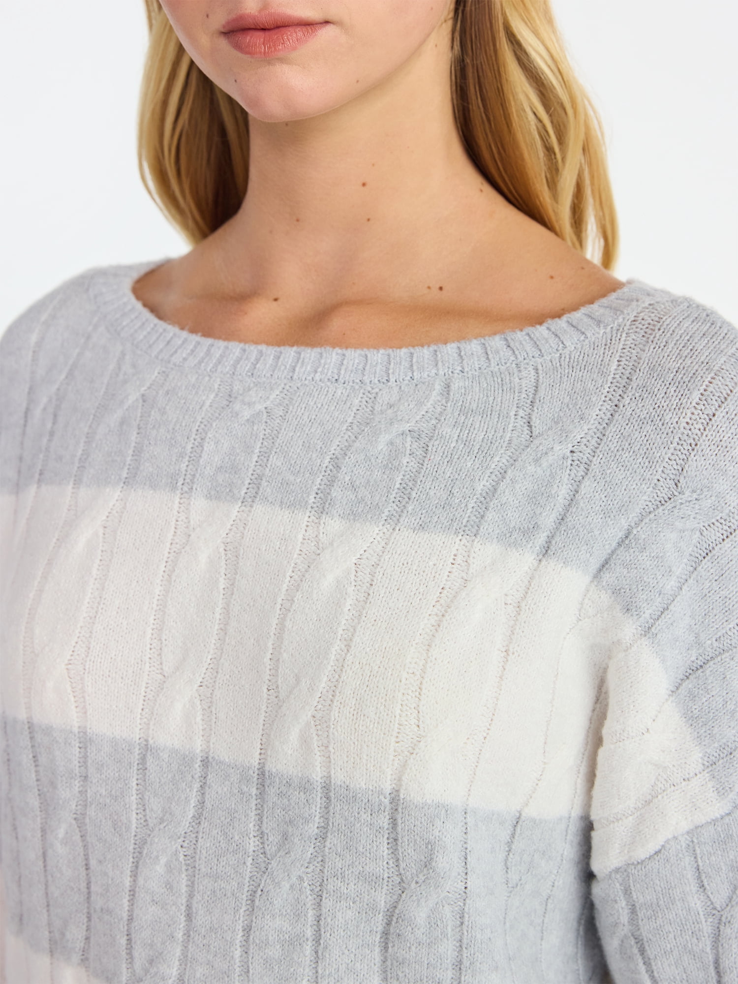 No Boundaries Boatneck Pullover Cable Knit Sweater, Lightweight, Women's